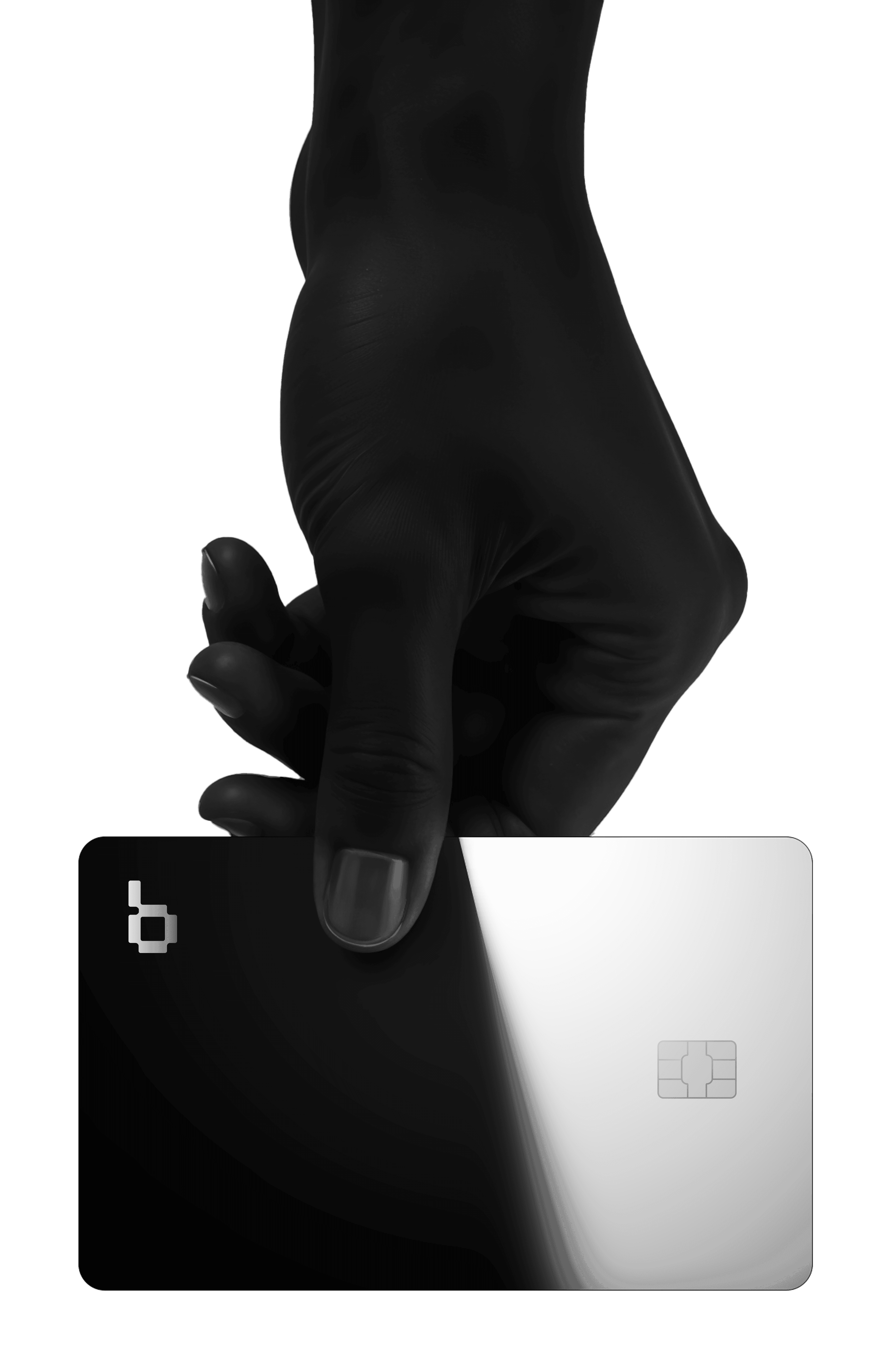 A hand holding a stylish black and white Brighty payment card with a logo — close-up on a light background