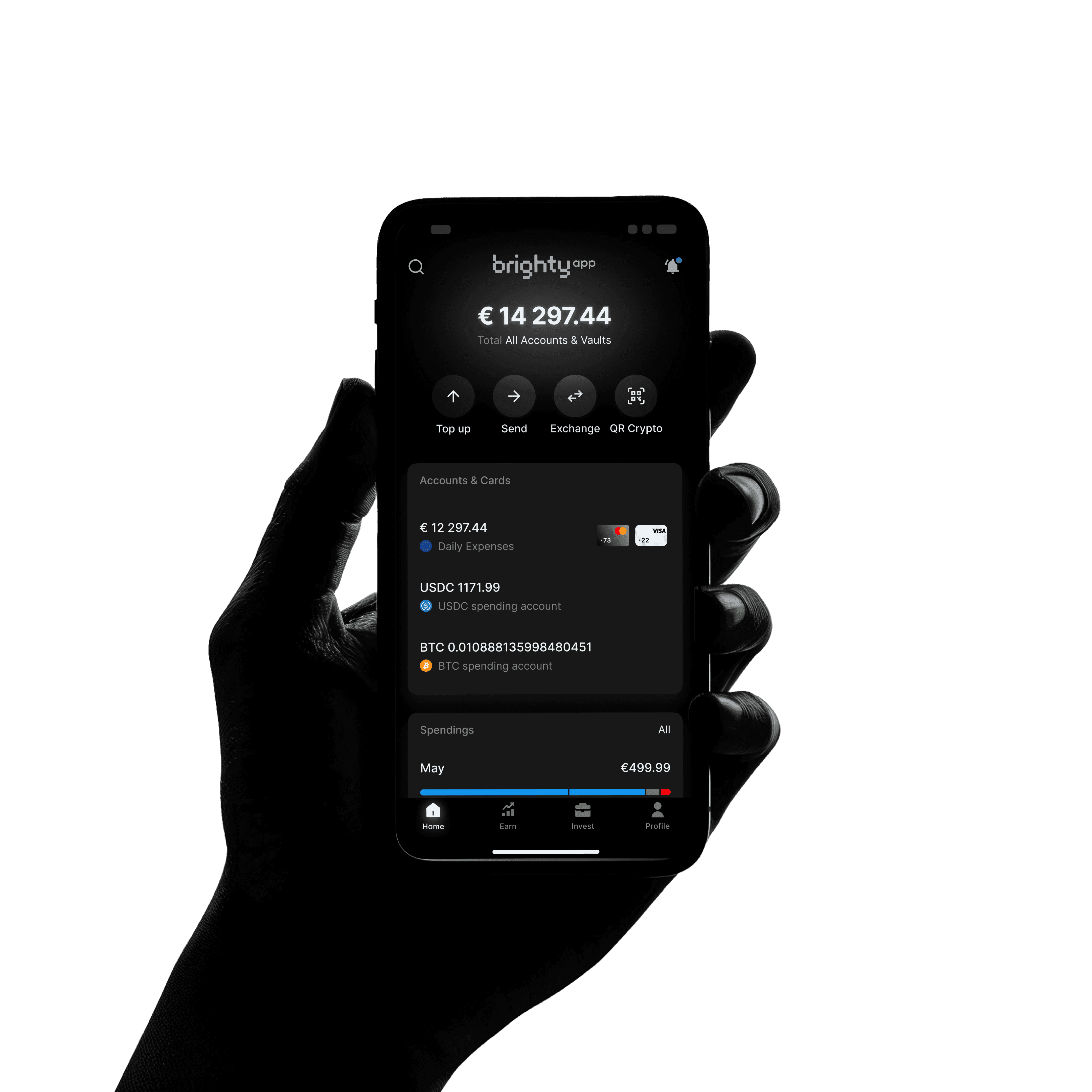 A hand holding a smartphone displaying the Brighty app interface, showing crypto balances and transactions, with a dark background and the Brighty logo at the top of the screen